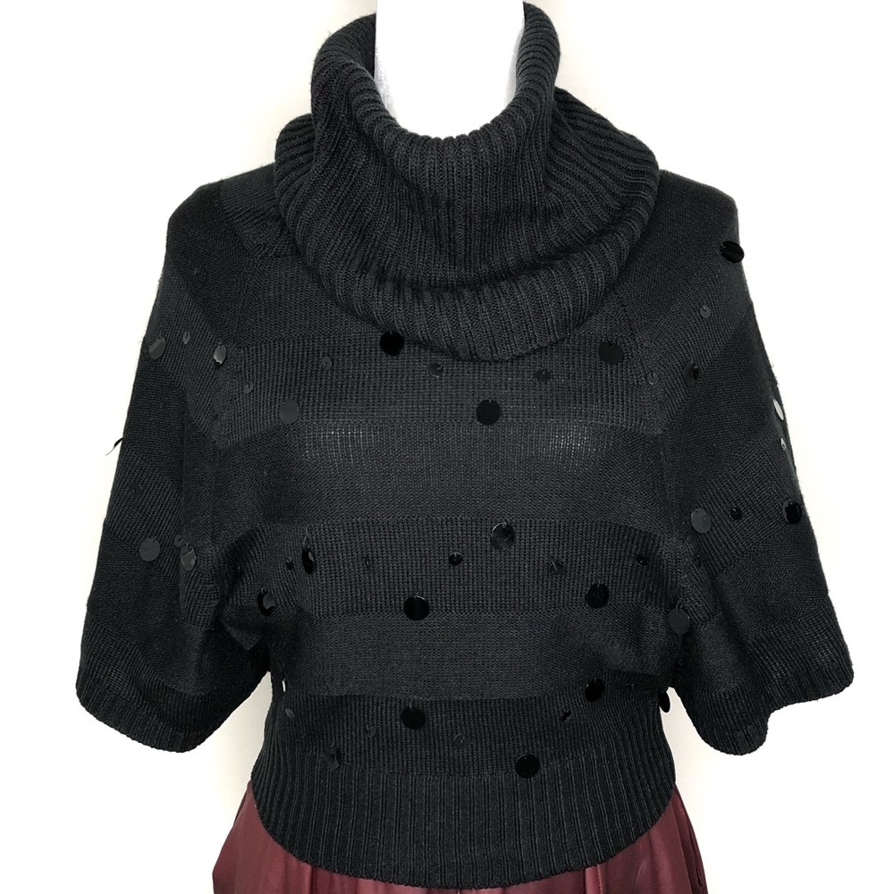 Dressy Sweater Cowl Neck Cropped Paillettes Holiday Evening Black Medium M